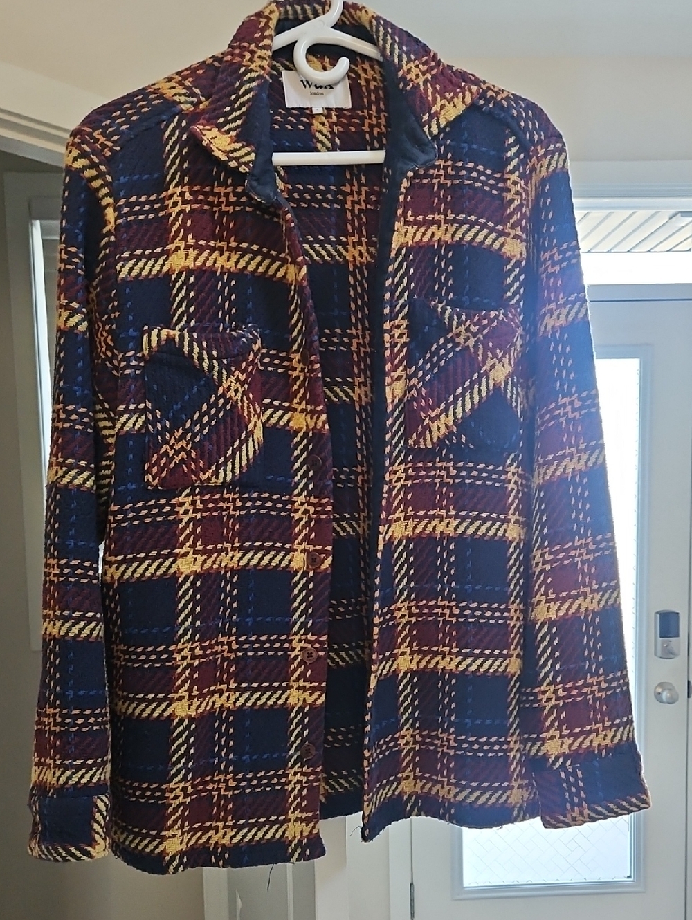 Wool-Blend Plaid Shirt Jacket - Navy, Burgundy & Yellow